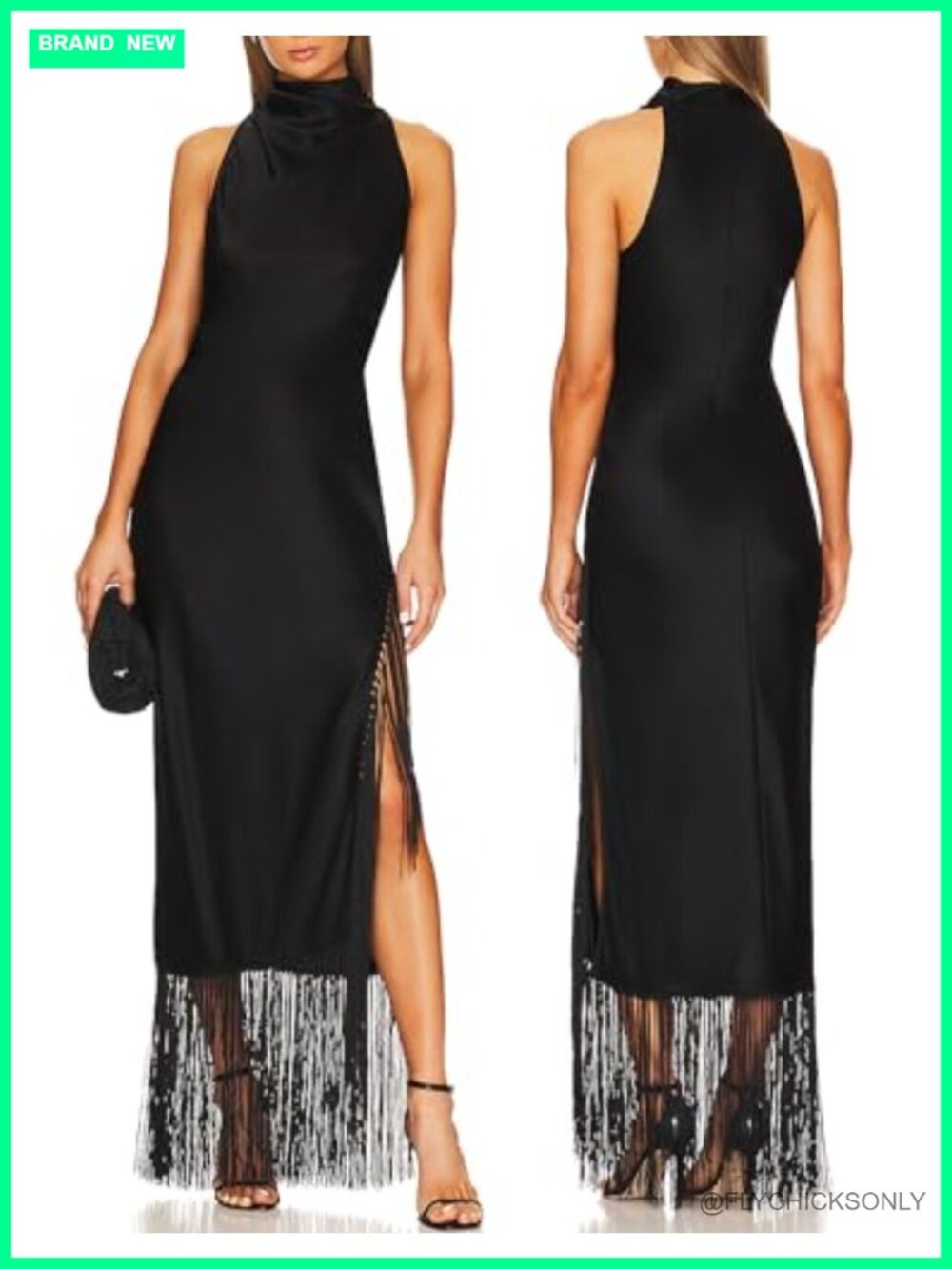 Women Halter Maxi Dress Tassel Fringe Hem Slit Bodycon Gatsby Flapper Evening
